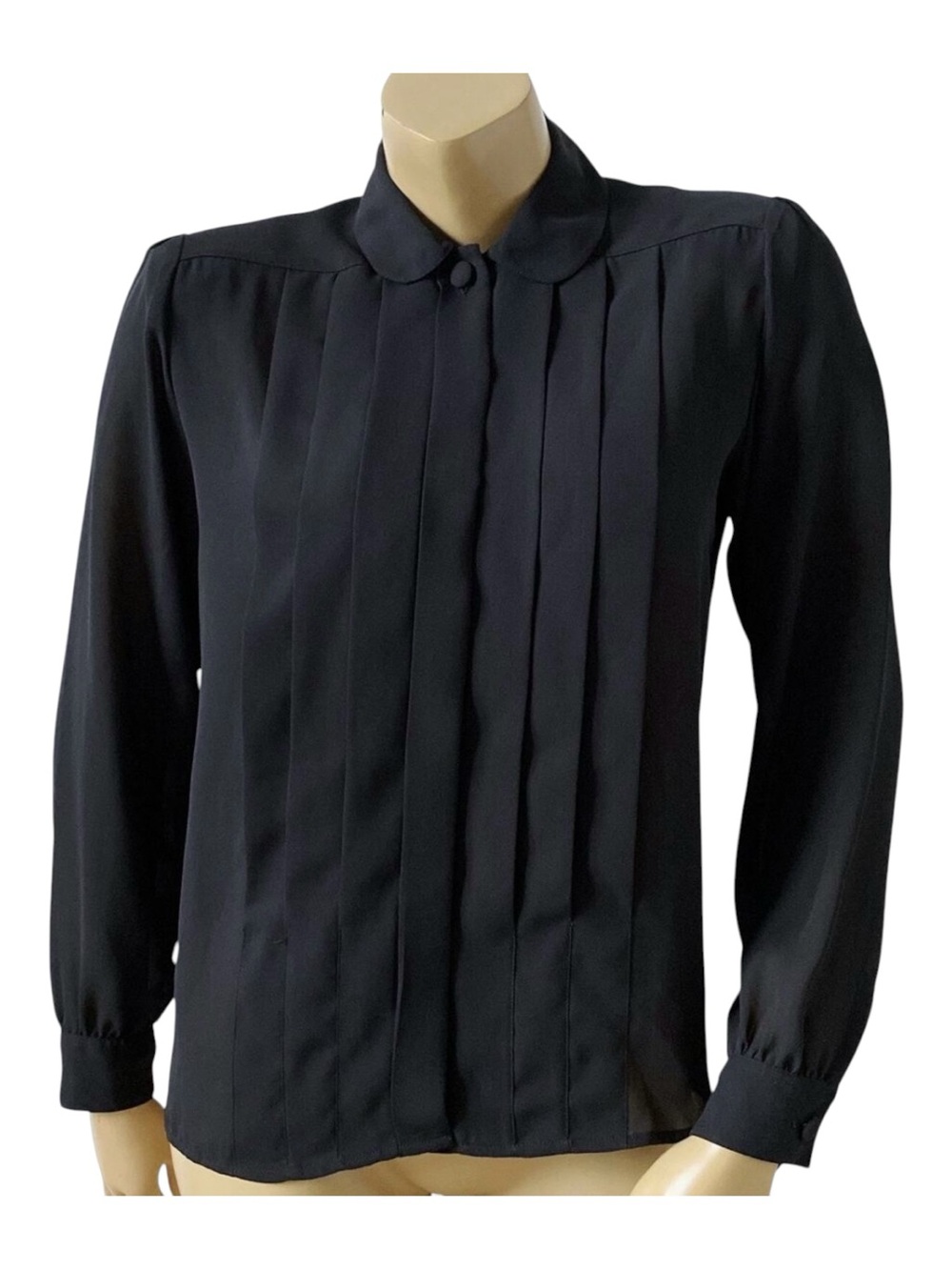 Vintage Laura & Jayne Blouse Womens 6 Black Pleated Peter Pan Collar Shirt